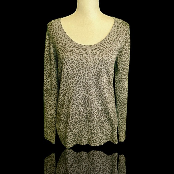 Calvin Klein Gray Leopard Print Wool-Blend Scoopneck Pullover Sweater Size M - Picture 1 of 12